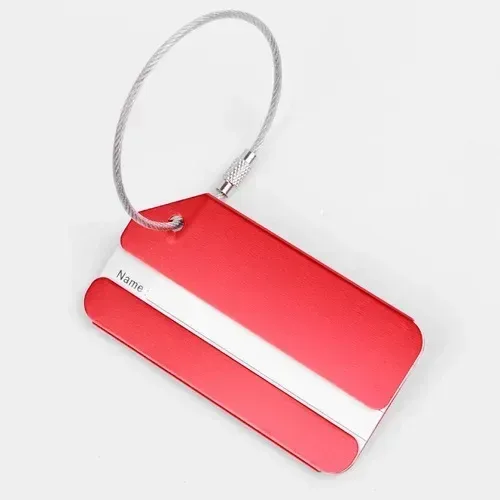 étiquette bagage métallique orange blanche bande horizontale géométrique identification voyage accessoires voyage porte adresses