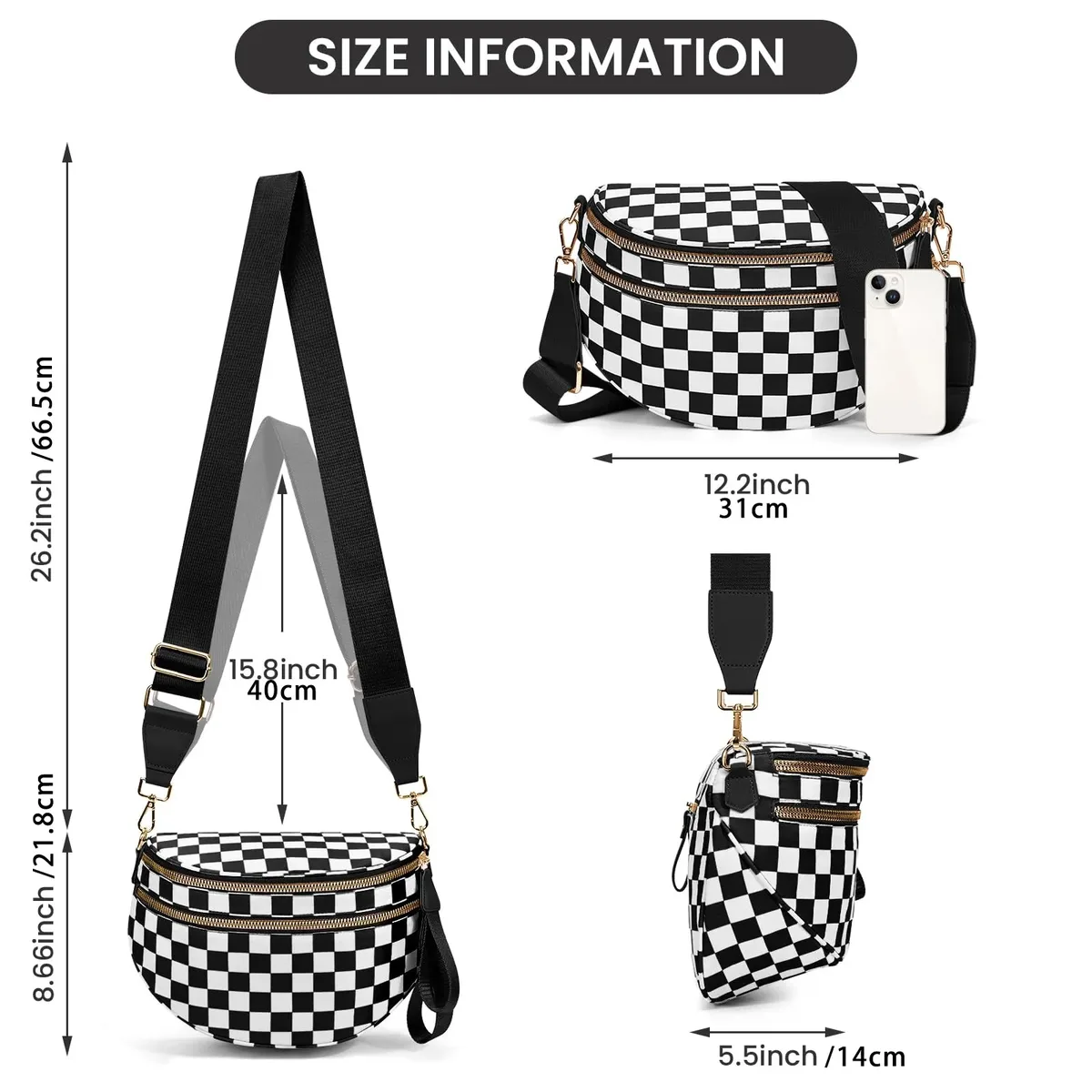 doyogi noir et blanc à carreaux spacieux bum sac sacs à bandoulière pour femmes en nylon essentiels de voyage sac de maman sac à couches pour maman