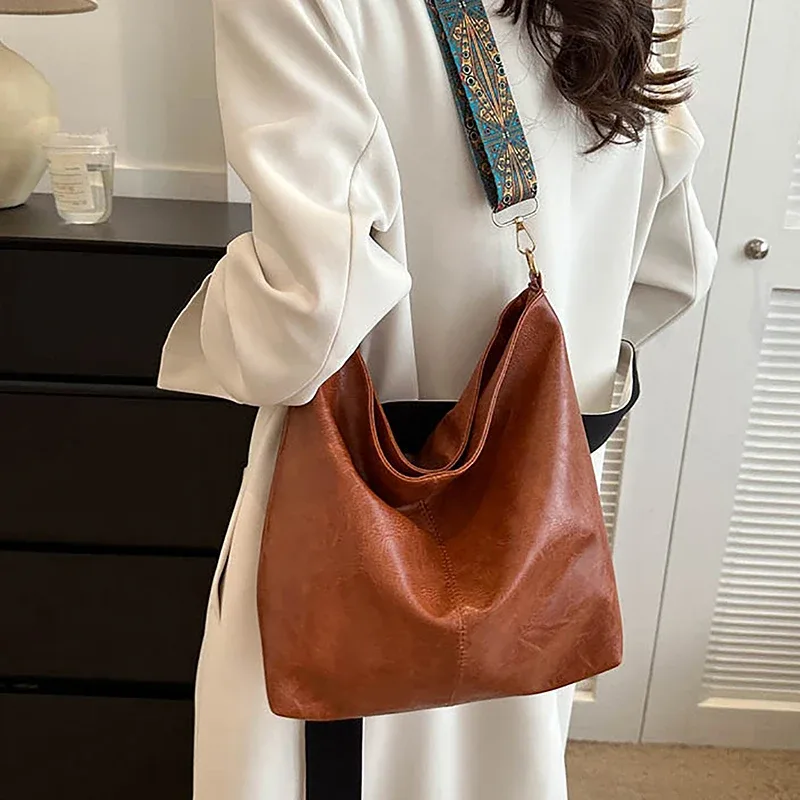 sac à bandoulière en cuir pu pour femmes, vintage, couleur unie, mode, grande capacité, simple, réglable, large sangle, sacs seau
