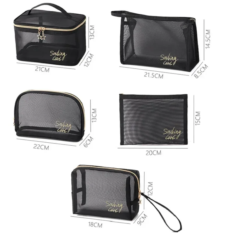 sac à cosmétiques en maille noire pour femmes, petit grand trousse de toilette et de maquillage, boîte transparente, organisateur de pinceaux de cosmétiques de voyage
