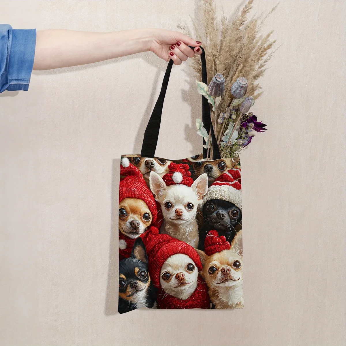 sac fourre-tout en polyester imprimé chihuahua, sac à bandoulière de shopping durable et réutilisable avec design animal mignon, 1 pièce