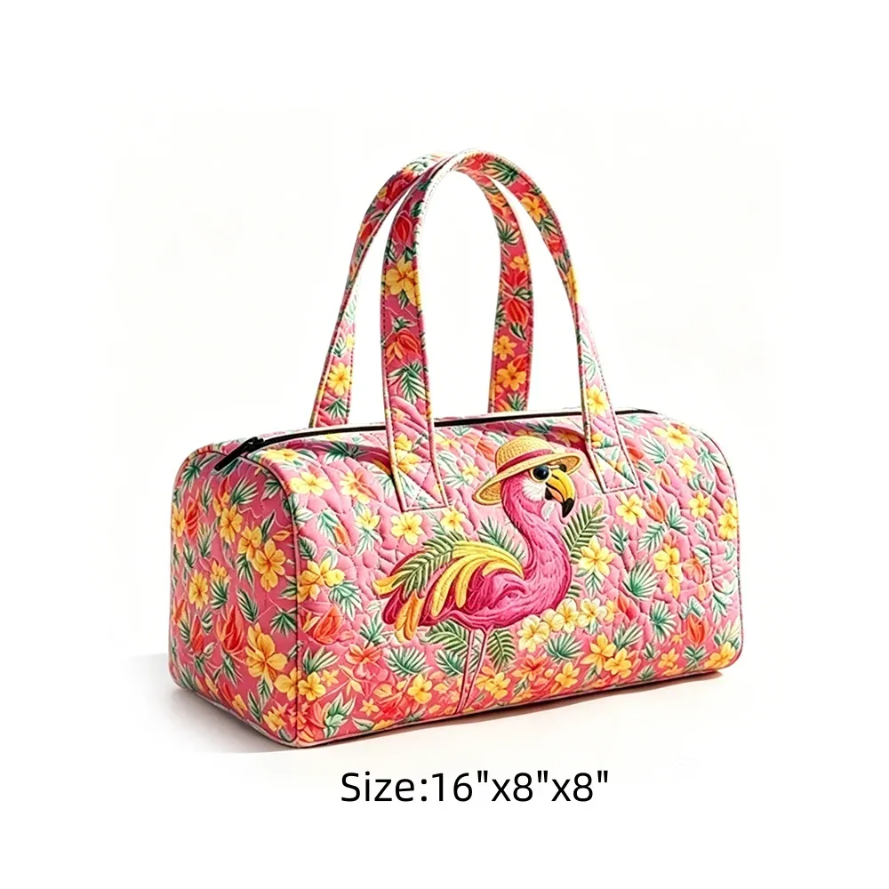sac de voyage tropical motif ciel étoilé, imprimé flamants roses et palmiers, sac de nuit matelassé bleu marine pour femme, idéal pour les vacances d'été à la plage