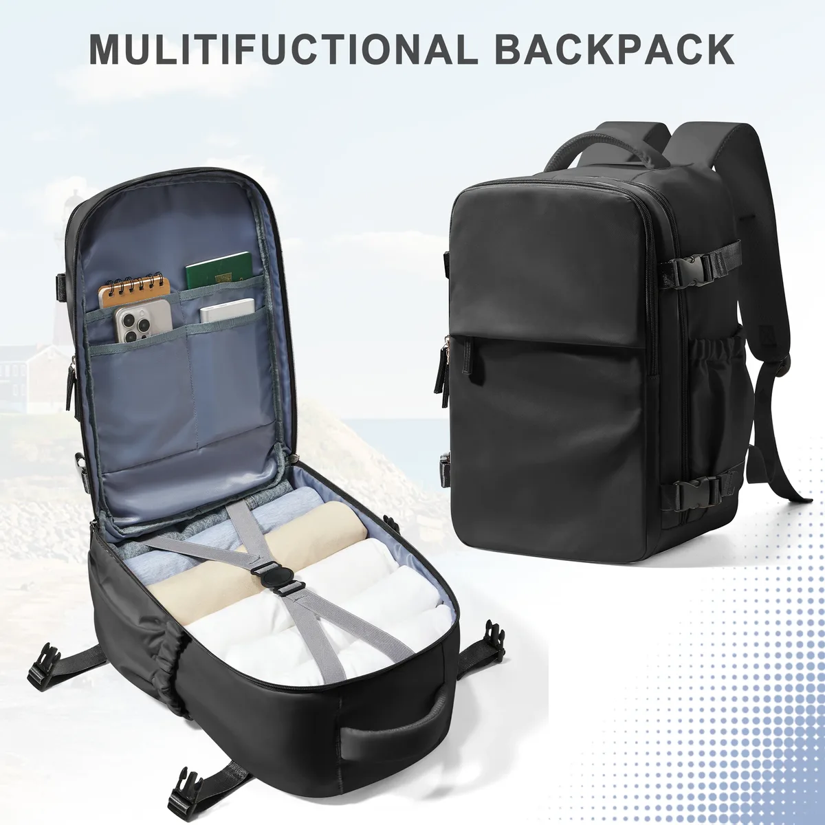 sac dos nylon noir poches latérales gris bandoulière confortable compartiment ouvert usage voyage affaires
