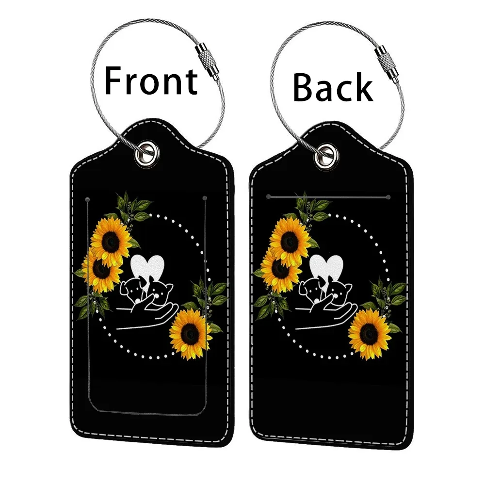 étiquette bagage polyuréthane motif tournesols bleu nuit jaune voyage identification personnelle plaques adresses double cartes bancaires