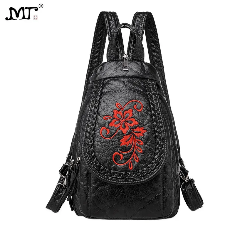 sacs à dos en cuir pu pour femmes, petit sac de voyage en cuir souple, sac à dos brodé pour dames