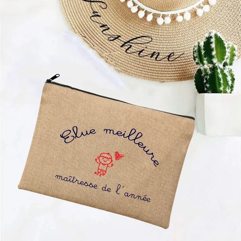 cadeau maitresse école cadeau maitresse trousse de maquillage sacs de maquillage en lin merci professeur impression française simple bracelet pochette plage papeterie stockage voyage organisateur étui cadeaux