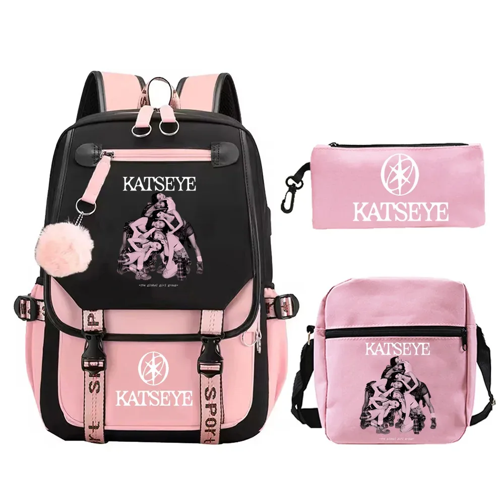 sac dos toile noire rose pastel groupe féminin dessin animé pochette bandoulière poches ouvertes courbe physiologique dos décontracté voyager étudiant scolaire ordinateur portable