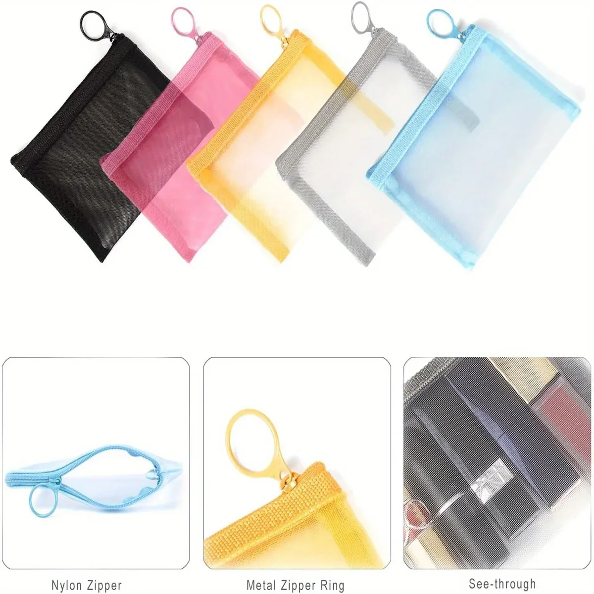 mini sacs en maille à fermeture éclair, 4 "x 5", organisateur d'accessoires cosmétiques pour maquillage de beauté, rouge à lèvres, petite pochette de rangement pour kit de voyage, 5 pièces/paquet