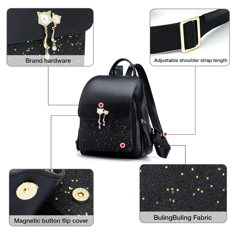 sac à dos femme foxer 2026 tendance avec sequins, pendentif chat, antivol, grande capacité, pour étudiante, trajets quotidiens et voyages