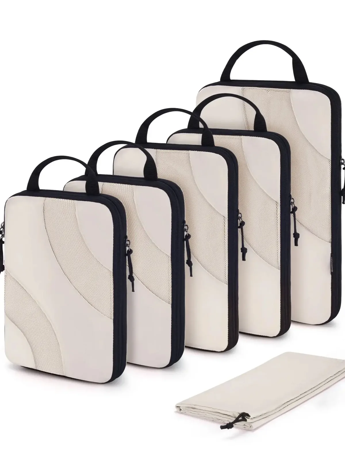 organisateur voyage polyester beige lignes ondulées cube sac chaussures pliable set six pièces compression transport