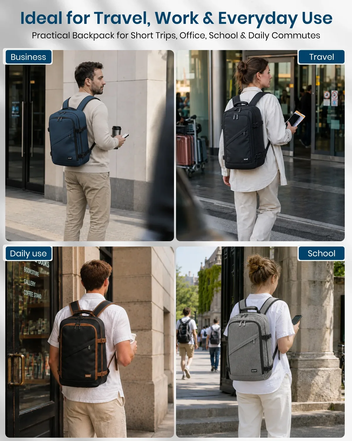 s/m/l kono cabin bag-minimaliste, léger, compatible avec les bagages à main ryanair, sac à dos de voyage, 20l-38l