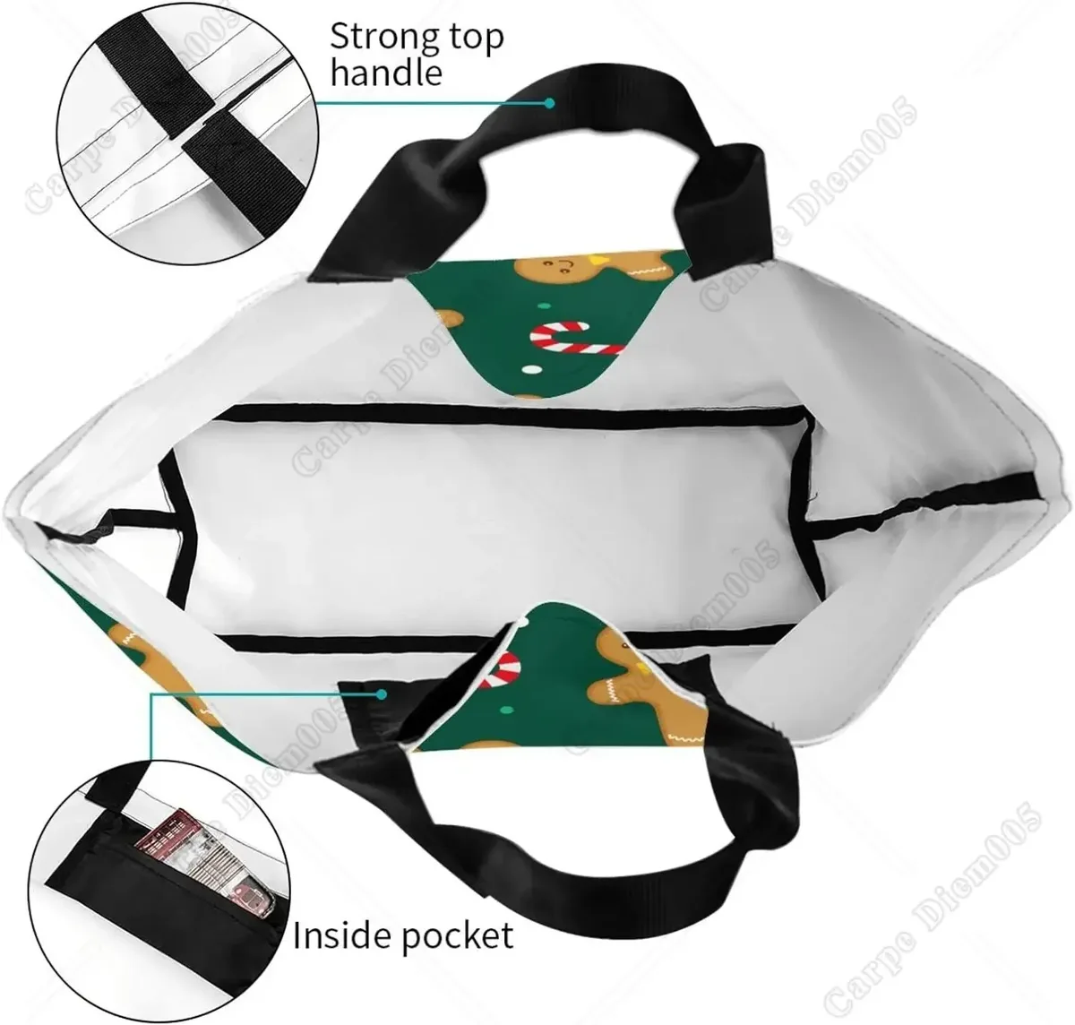 sac fourre-tout bonhomme en pain d'épice pour femme, sac à main de noël, sac à provisions, sac cadeau de plage, travail en plein air, canne en bonbon