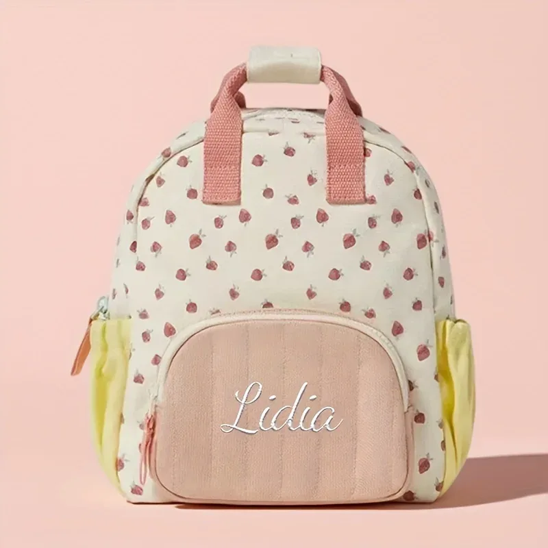 sac à dos scolaire personnalisé avec broderie de nom, motif fraise, pour filles, sac d'école maternelle, sac à main, sacs de voyage quotidiens pour adolescents, filles, garçons et enfants