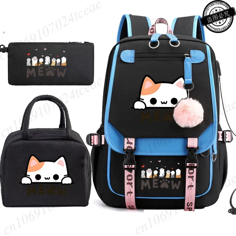 sac à dos scolaire pour adolescents, sac à dos quotidien pour étudiants, sac à dos pour filles, sac à dos scolaire à motif de chat noir, avec sac à lunch et trousse à crayons, 3 pièces/ensemble