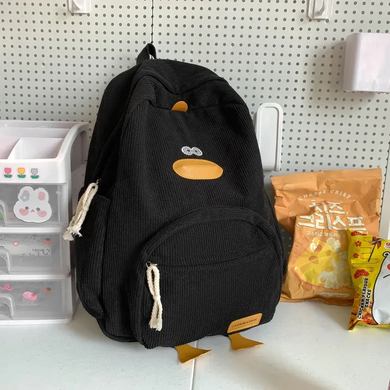 sac à dos en velours côtelé avec motif de canard mignon, grande capacité, design 3d avec pattes de canard, léger, décontracté, pour étudiants, adolescents, voyages