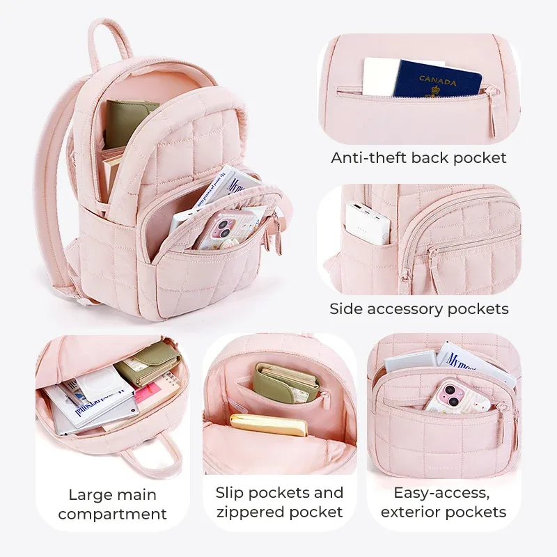 sac dos polyester rose pâle motif géométrique relief matelassé poches pratiques anti-vol organisation objet essentiels voyage