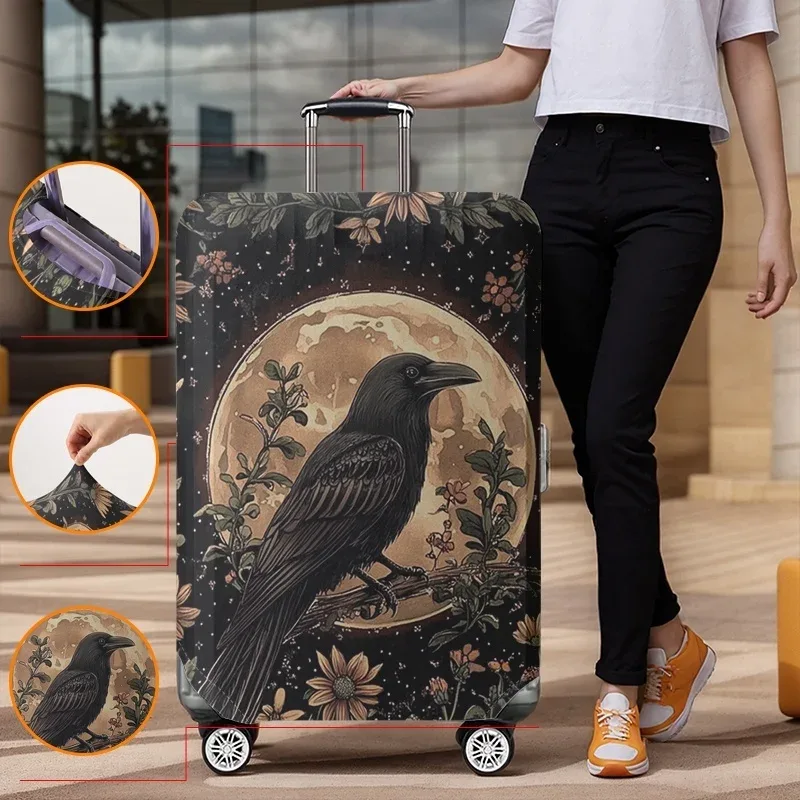 housse de protection pour bagages à motif floral moonnight crow, adaptée aux housses de bagages de 18 à 32 pouces, aux gants de protection pour poignée de bagage, aux accessoires de voyage