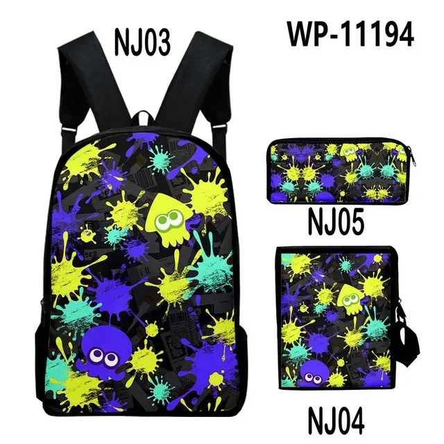 splatoon-sac à dos pour ordinateur portable, sac à bandoulière incliné, trousse à crayons, sac à dos pour 3 élèves, jeu de mode créatif, ensemble de 3 pièces
