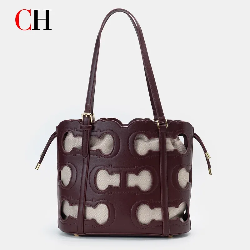 sac fourre-tout ajouré 2-en-1 ch pour femme, sac à bandoulière de luxe de créateur, sac seau rouge bordeaux pour le travail