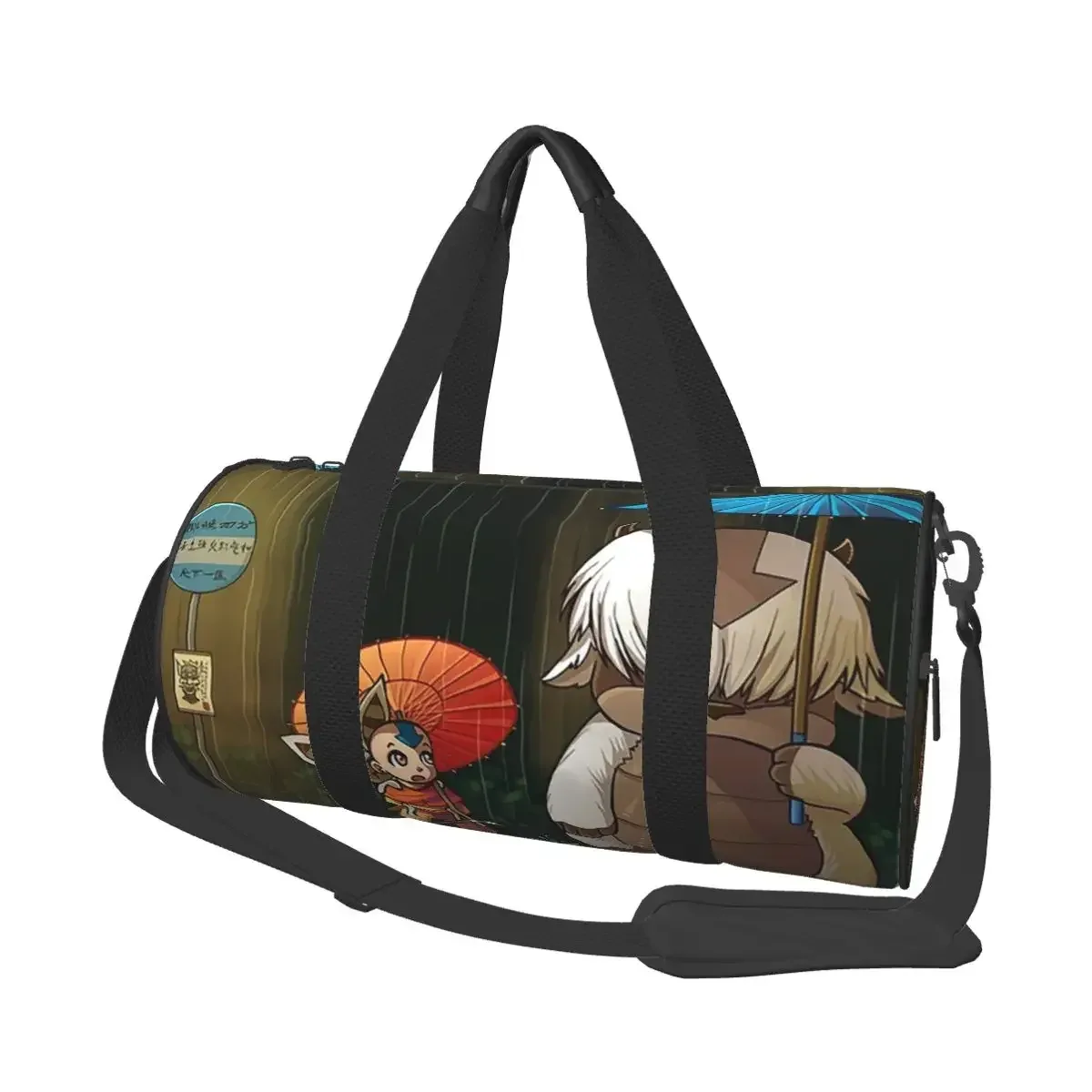 sac voyage polyester motif bœufs stylisés poignée amovible bande épaule usage week end sport cylindrique durabilité