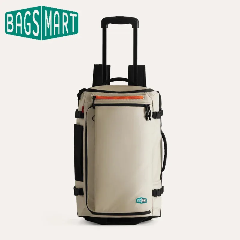 sac dos polyester beige accents noirs orange poches inclues poche rfid grande capacité cadre interne mode transport multiple usage voyage