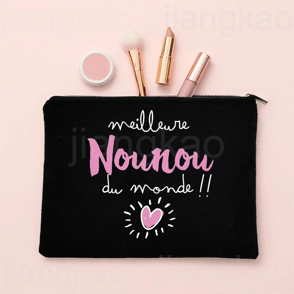 j'aime ma nounou, trousse de maquillage imprimée française, pochette de rangement de toilette de voyage, trousse à cosmétiques pour femmes, sacs à fermeture éclair, cadeau de remerciement pour nounou