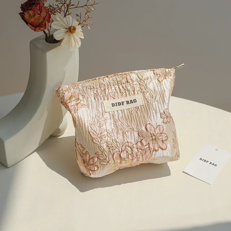 trousse polyester motif floral fleurs roses vertes fond blanc fermeture éclair voyage femmes cosmétiques maquillage sac rectangulaire