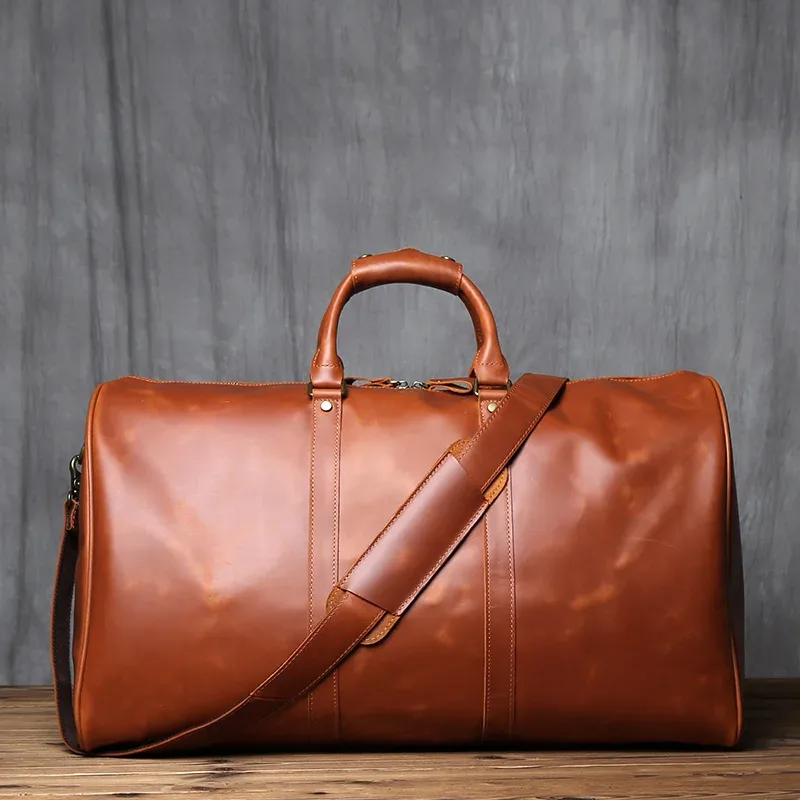 sac de voyage vintage en cuir véritable pour homme nzpj, grande capacité, sac à main en cuir crazy horse, sac à bandoulière en cuir de vache naturel