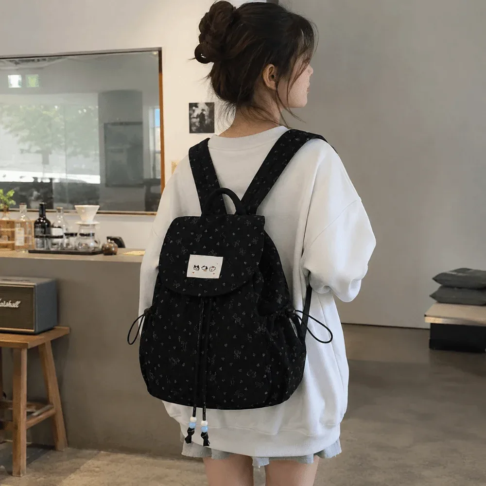 sac à dos léger en velours côtelé à imprimé nœud papillon, décontracté, grande capacité, avec cordon de serrage, polyvalent, design simple, pour étudiant
