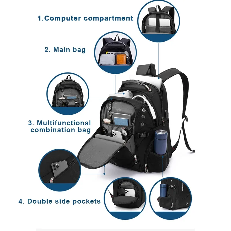 sac à dos étanche pour ordinateur portable 15.6/17.3 pouces, chargeur usb, sac à dos suisse, sac de voyage pour femmes, sac d'école vintage mochila