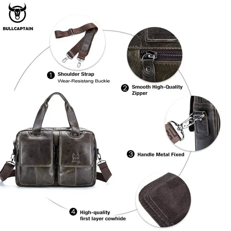 bullcaptain hommes vrai mallette en cuir 14 pouces pochette pour ordinateur portable, décontracté épaule messenger sac fourre-tout, le travail de bureau, 042