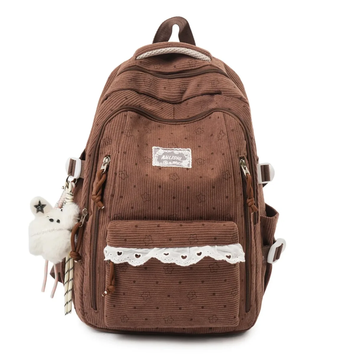 sac à dos décontracté en velours côtelé gris pour femme, motif étoile, breloque ours en peluche, multi-poches, sangle réglable, pour usage quotidien et scolaire 2026