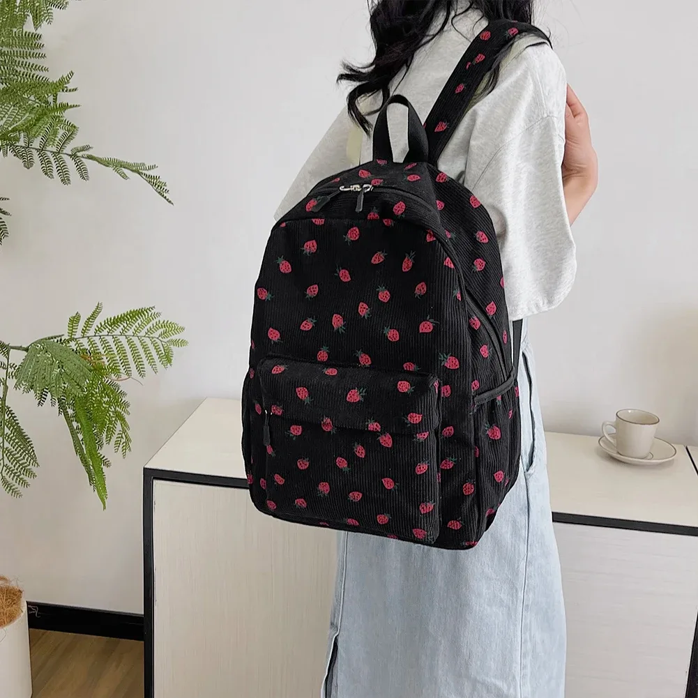 sac à dos en velours côtelé à motif fraise, sac à dos quotidien de grande capacité, sac à livres tendance, multi-poches, sangle réglable pour les voyages en plein air