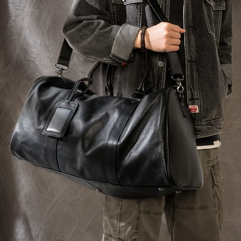 sac de voyage en cuir véritable pour hommes, sac de bagage à main décontracté, sac de fitness de grande capacité, poche à chaussures pour ordinateur portable de 18 pouces