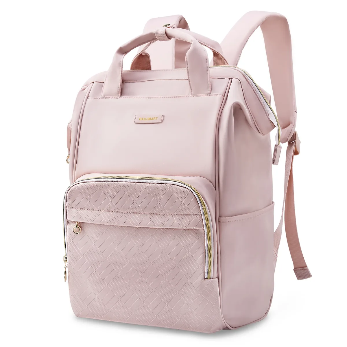 sac dos nylon rose pâle motif géométrique relief poches latérales grande ouverture fermeture glissière bandoulière arquée usage voyage universitaire
