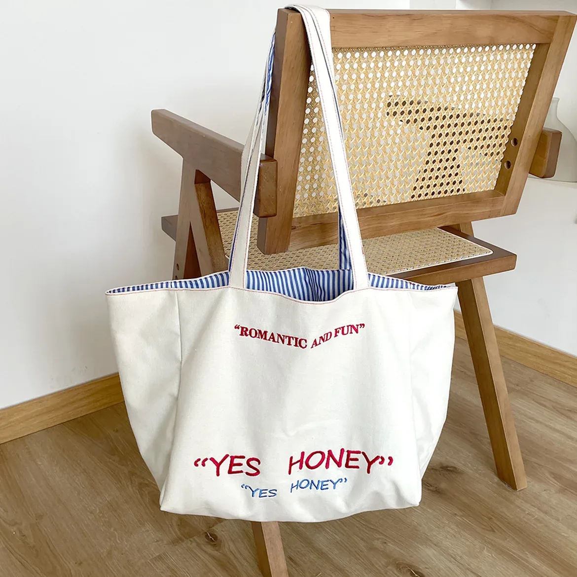 sac à main double face en toile de grande capacité pour femme, fourre-tout réutilisable avec lettres brodées rayées