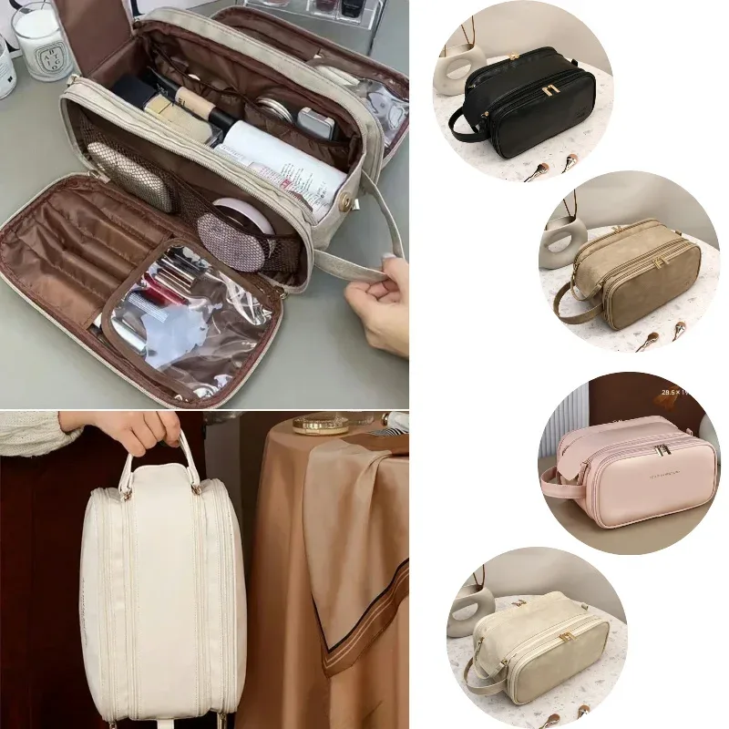trousse de maquillage multifonctionnelle pour femme, cuir pu, grande capacité, portable, double fermeture éclair, voyage, brosse à maquillage, rangement d'articles de toilette