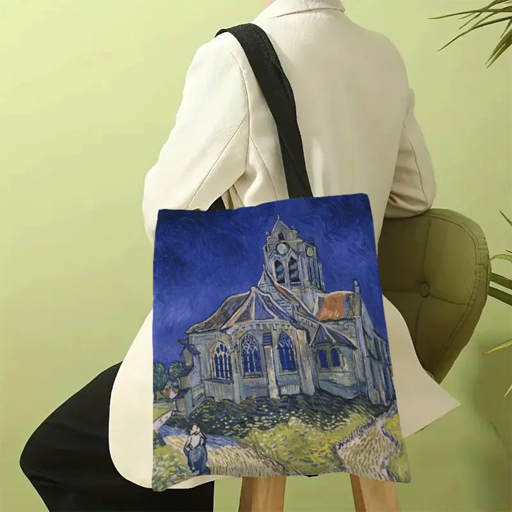 sac en toile imprimé la série van gogh, sac à bandoulière léger, sac de shopping polyvalent, sac à main de support