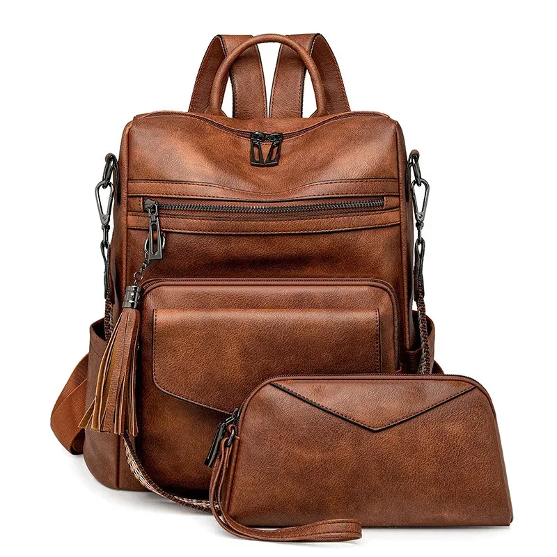 sac à dos en cuir pu pour femmes, imperméable, antivol, grand sac à dos de voyage rétro pour collège, sac à bandoulière avec pompon, 2025
