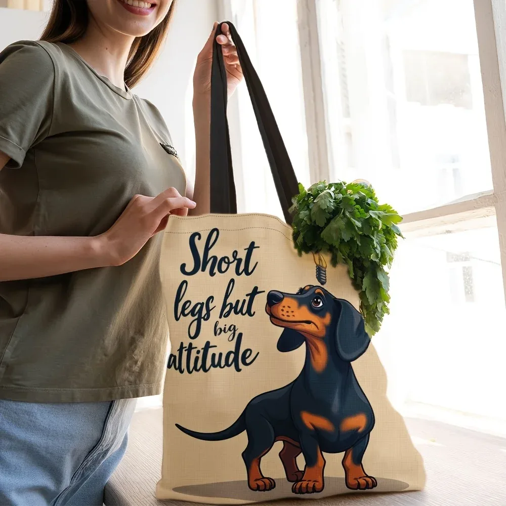 sac fourre-tout amusant en polyester durable à grande capacité avec motif de dessin animé teckel « jambes courtes, grande personnalité » pour les courses