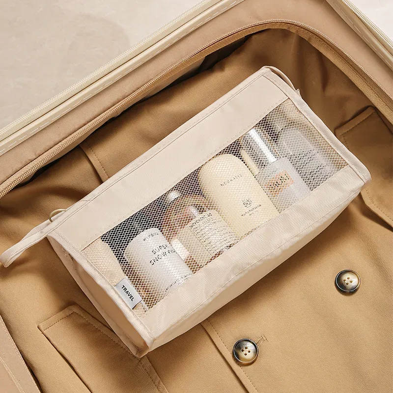 sac de voyage léger et respirant en maille pour femme, trousse de toilette portable transparente pour maquillage et soins de la peau