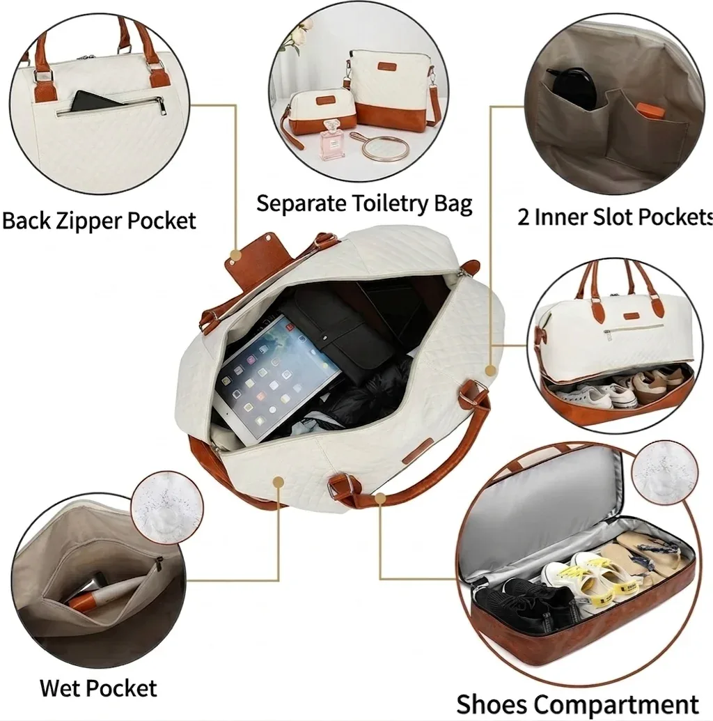 lot de 3 sacs de voyage grande capacité, sac à main tendance, sac à bandoulière avec sac à bandoulière croisé et trousse de toilette avec compartiment à chaussures, sac de voyage pour le week-end et les voyages d'affaires