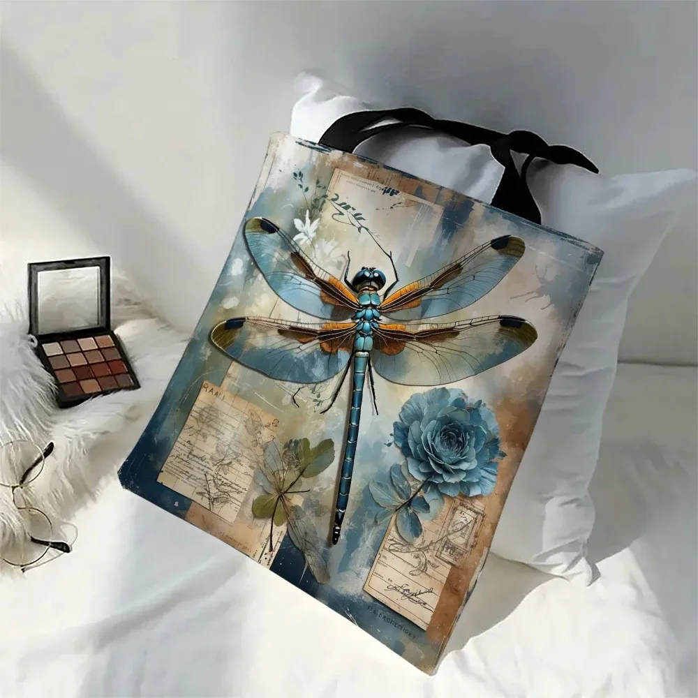 sac fourre-tout d'art libellule, sac à bandoulière de grande capacité, sac de courses réutilisable avec porte-monnaie en tissu de lin imprimé