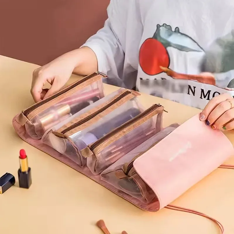 sac à cosmétiques détachable, sac de maquillage portable de grande capacité 4 en 1, sac de rangement pliable pour cosmétiques de voyage, trousse de toilette, 1 pièce