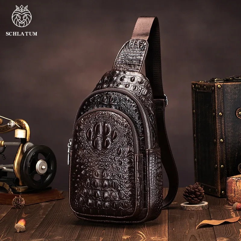 sac de poitrine vintage en cuir véritable schlatum pour homme, motif crocodile, sac de voyage de luxe pour homme, sac bandoulière multifonction