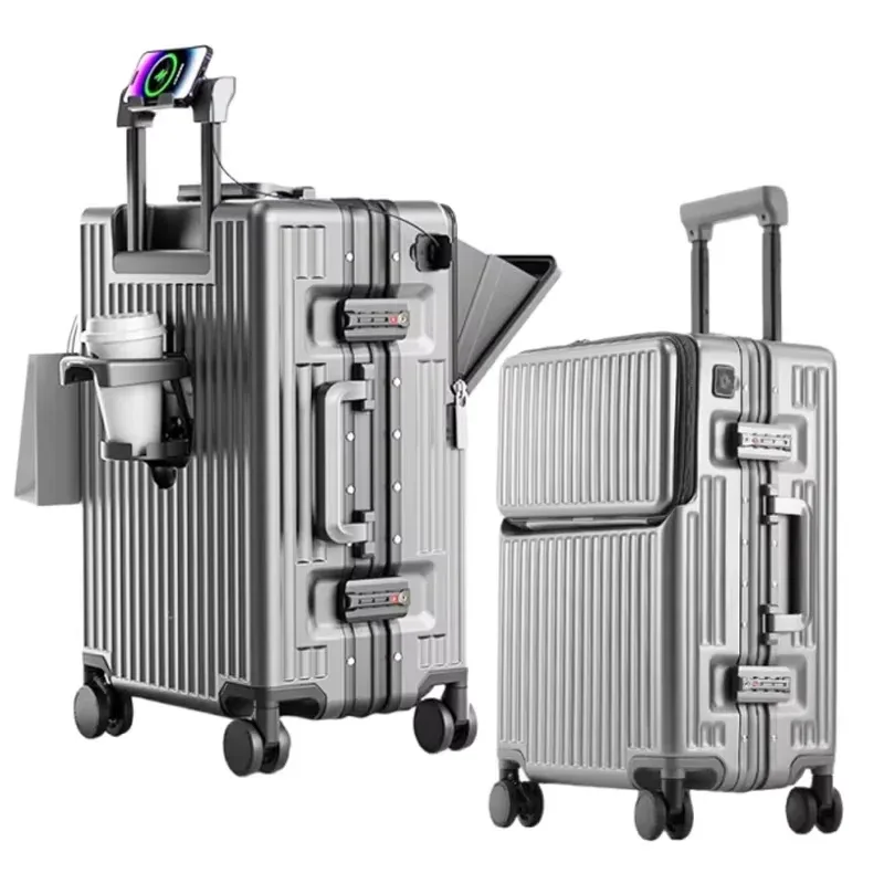 valise de cabine à roulettes avec cadre en aluminium, porte-gobelet usb, ouverture frontale et roues à frein pour une navigation aisée