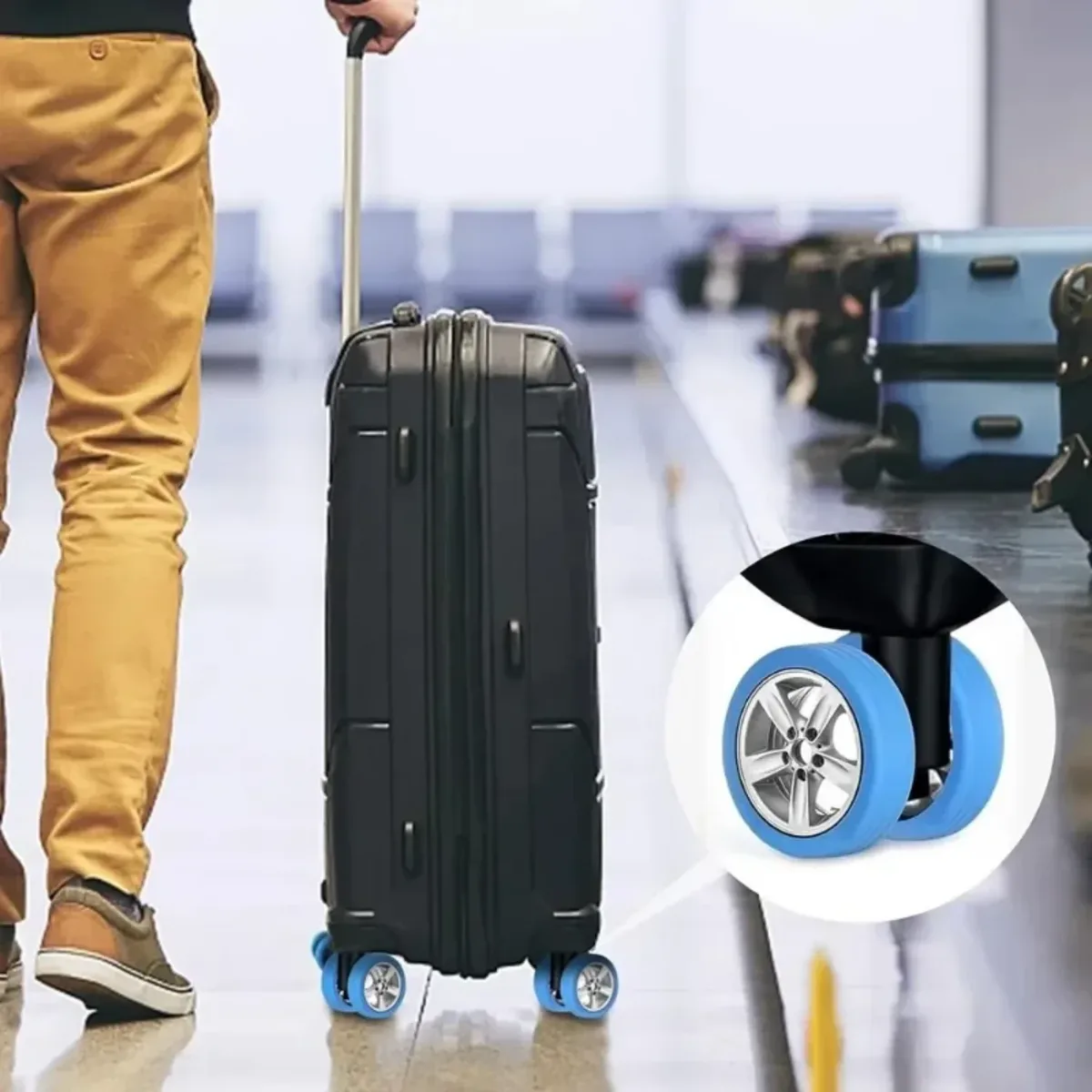 protection roue silicone bleu noir orange remplacement facilité déplacement valise chaise mobilité minimaliste set quatre pièces