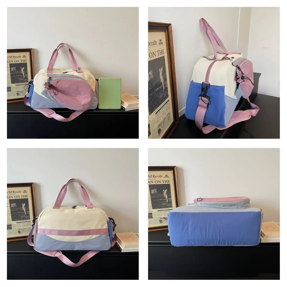 sac de sport multifonctionnel pour tennis avec porte-chaussettes, sac de sport de gym avec bandoulière, sac de week-end en nylon colorblock pour femmes