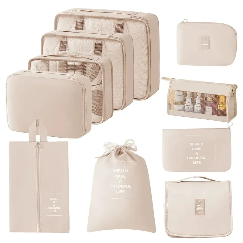 organisateur voyage polyester beige compartiments zippés poches intérieures cube sac compression chaussures pochettes housse vêtements
