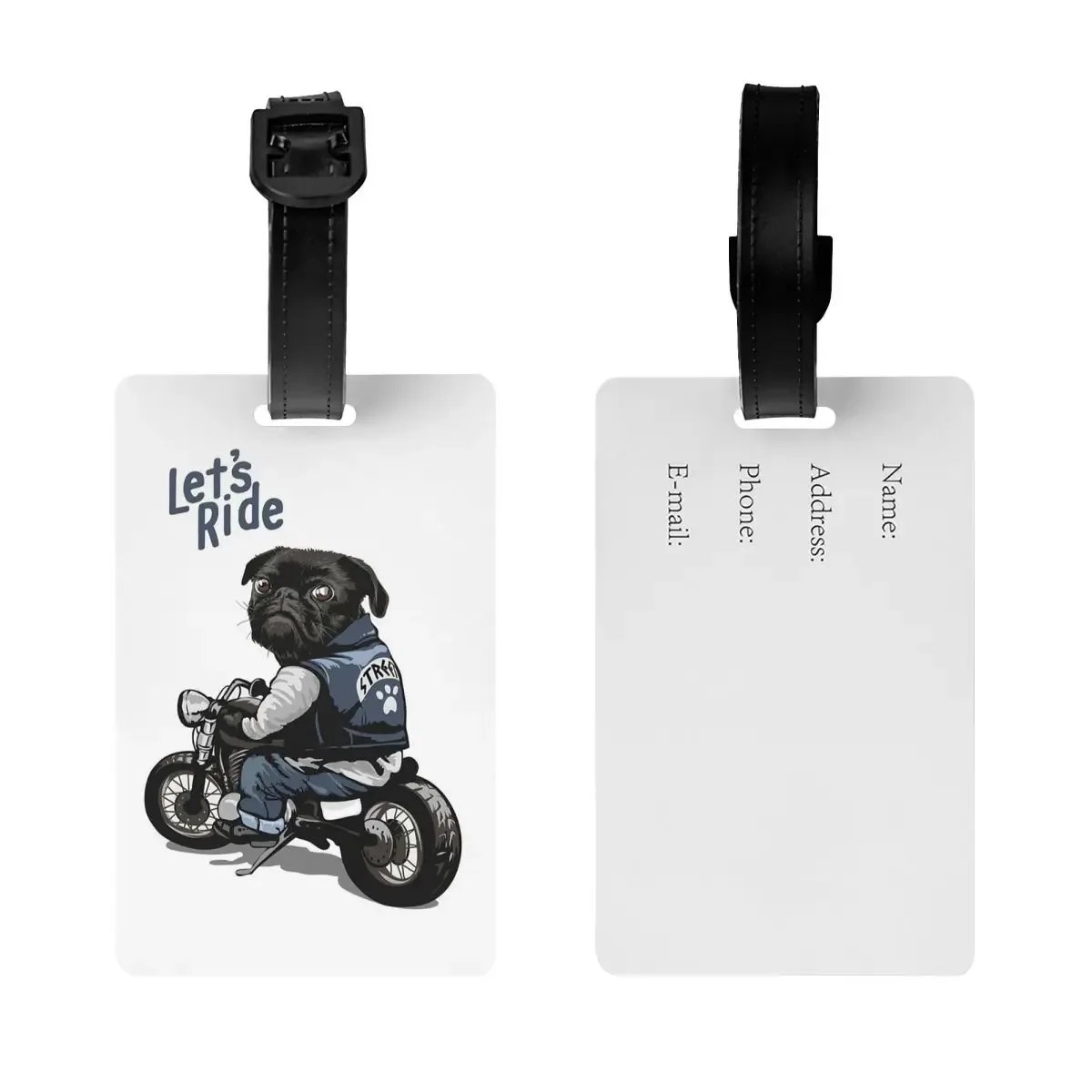 étiquettes à bagages pour moto, grand véhicule, chien pug noir, étiquettes de voyage pour valise, étiquette de bagage, porte-étiquette, identifiant, nom, adresse